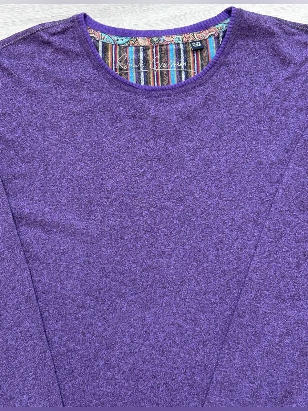 Robert Graham Men's XL Purple Heathered Long Sleeve Crew Neck Shirt Paisley Trim